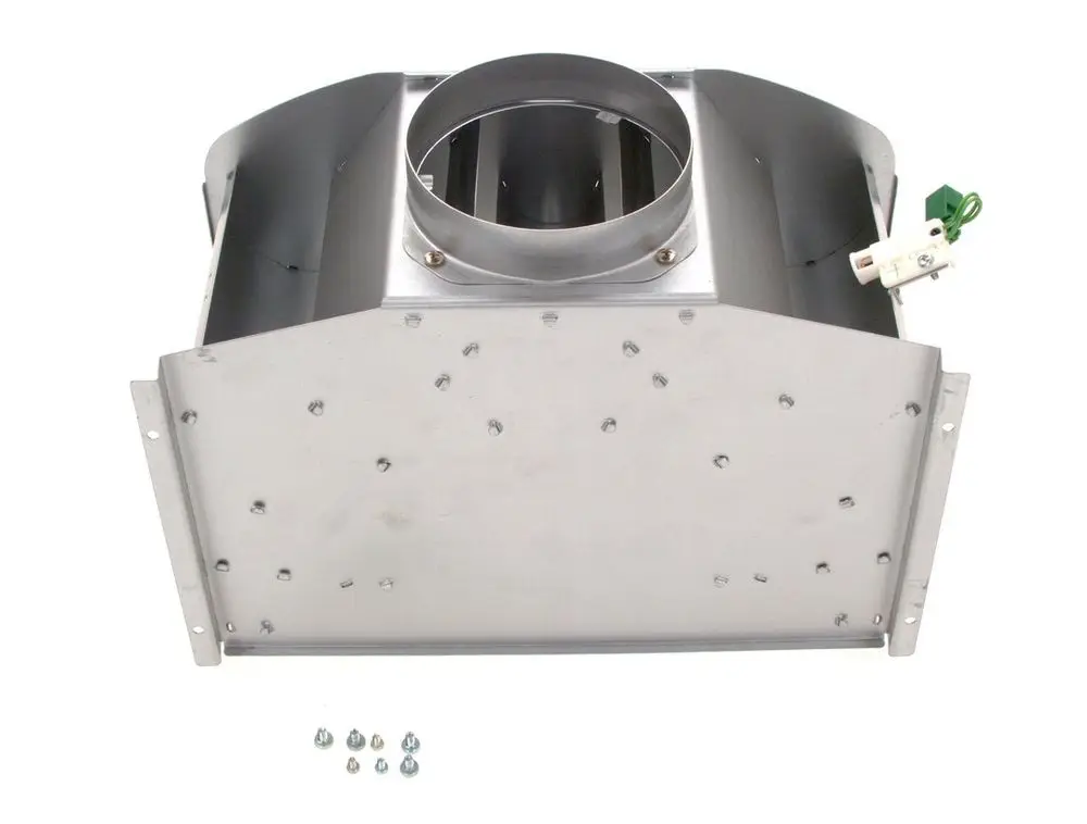 BOSCH Strömungssicherung aus Metall mit runder Öffnung oben, Verbindungskabel auf der Seite, mehrere Schrauben im Vordergrund.